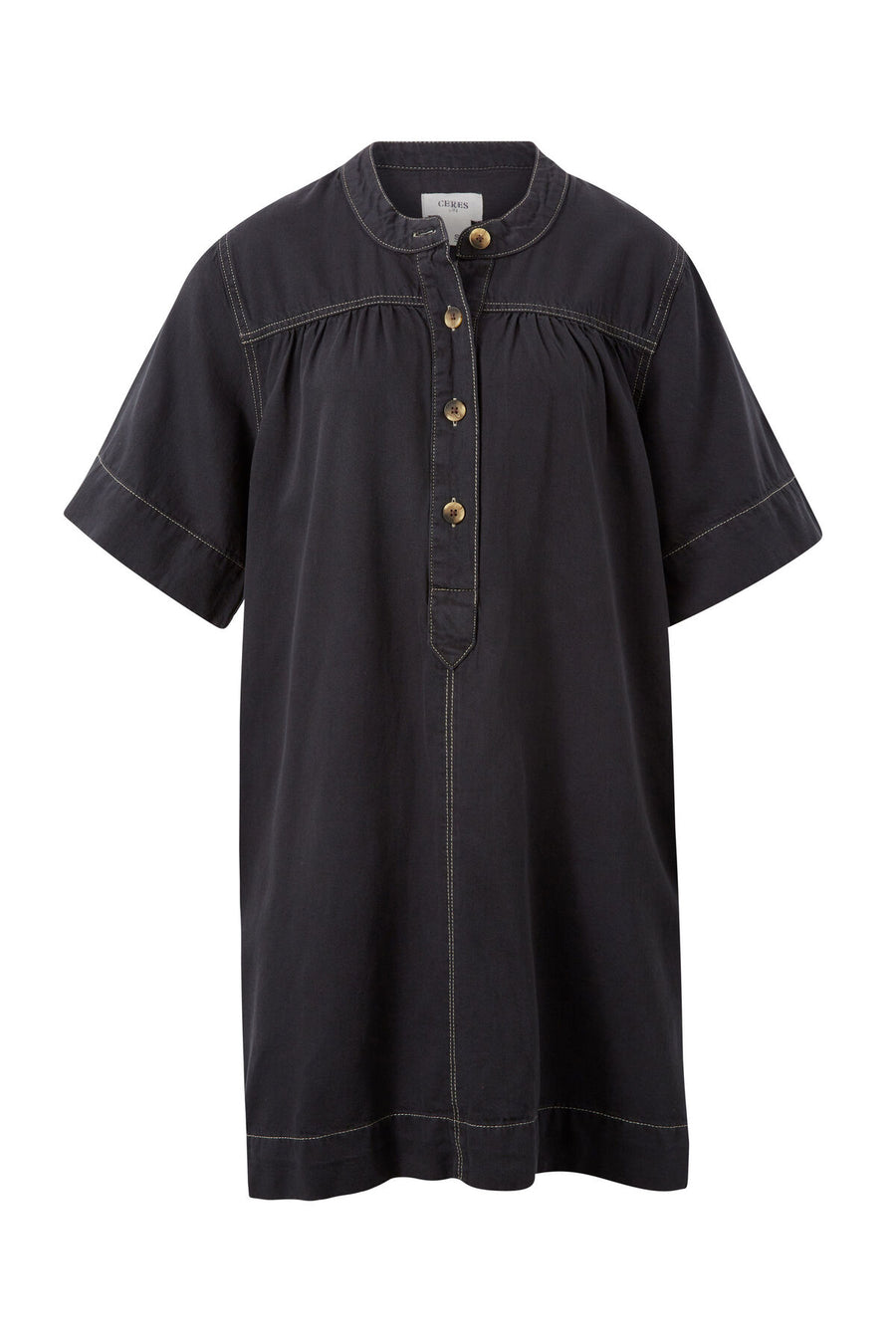 Half Placket Tunic Dress - Black