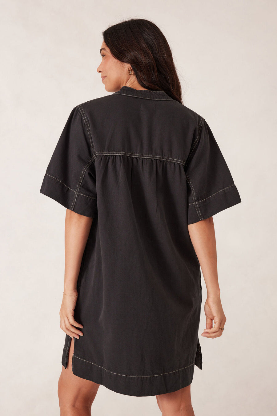 Half Placket Tunic Dress - Black