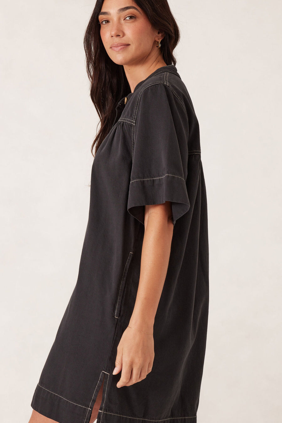 Half Placket Tunic Dress - Black