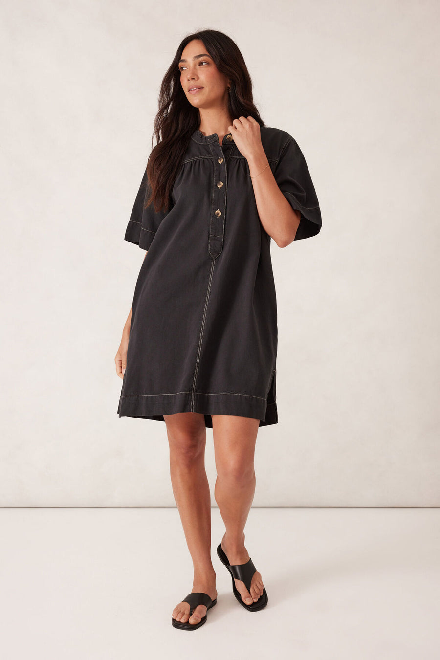 Half Placket Tunic Dress - Black